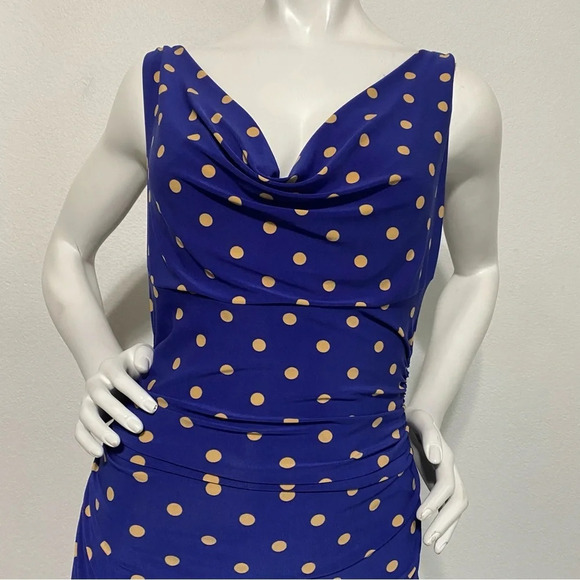 Lauren Ralph Lauren Blue Polka Dot Draped V-Neck Sleeveless Midi Dress Size 8 - Picture 2 of 7
